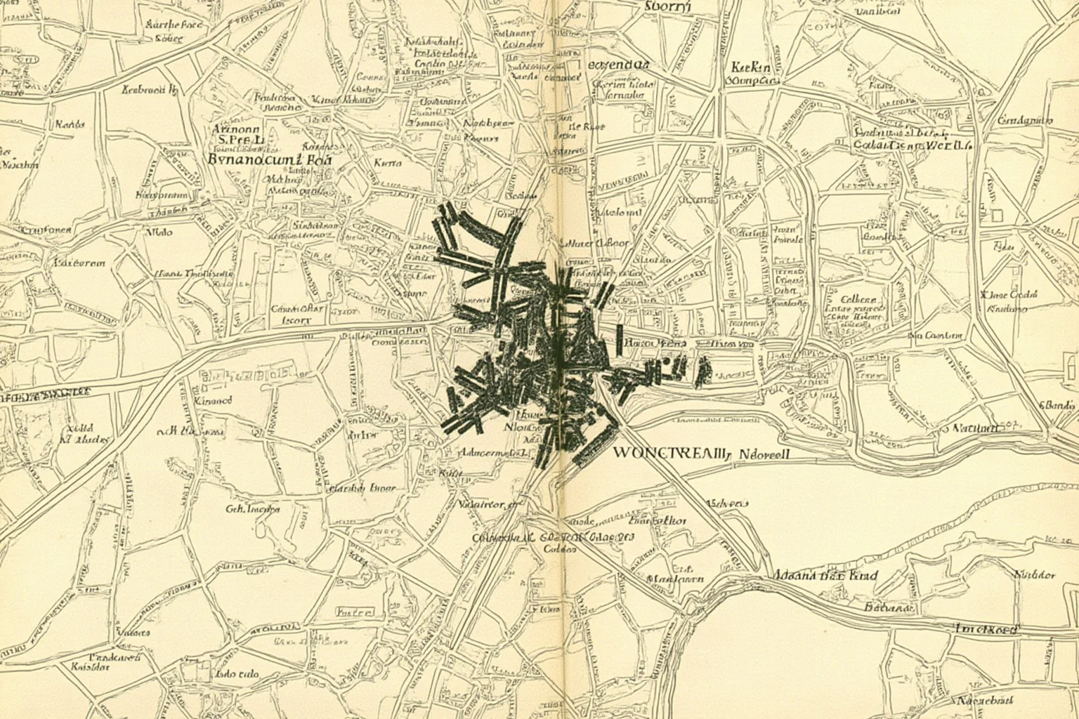 John Snow's 1854 cholera map of London, with black bars showing deaths clustered around a water pump.