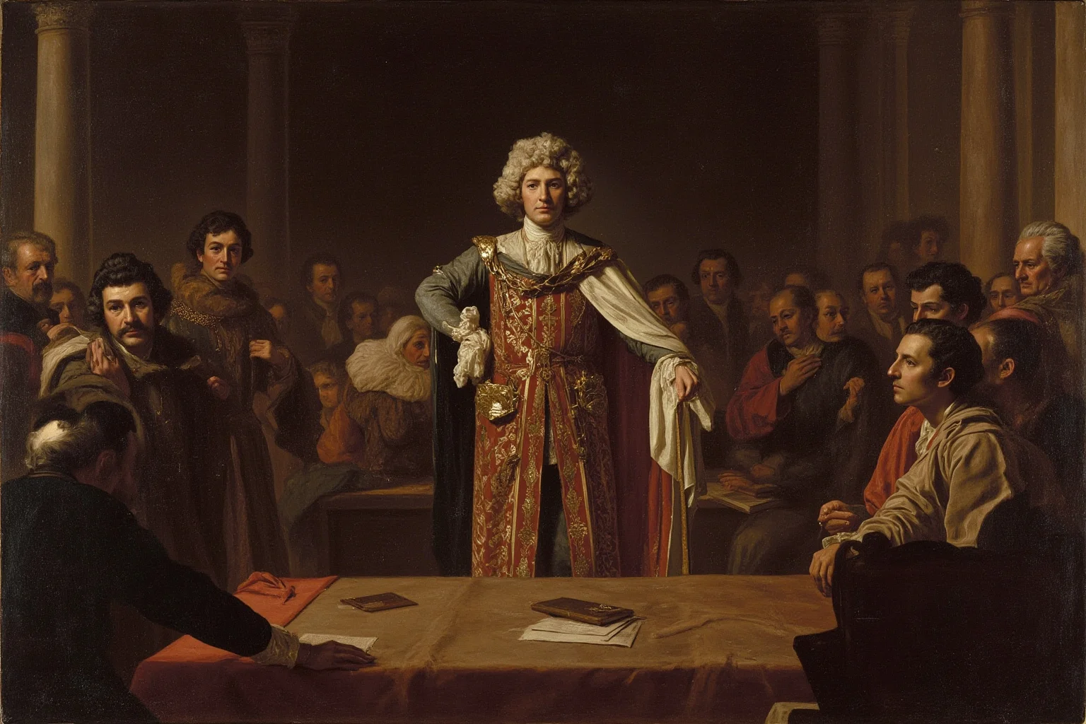 Fascinating Facts About The French Revolution 6 King Louis XVI standing before the National Convention, voting on his own execution, tense atmosphere, historical painting.