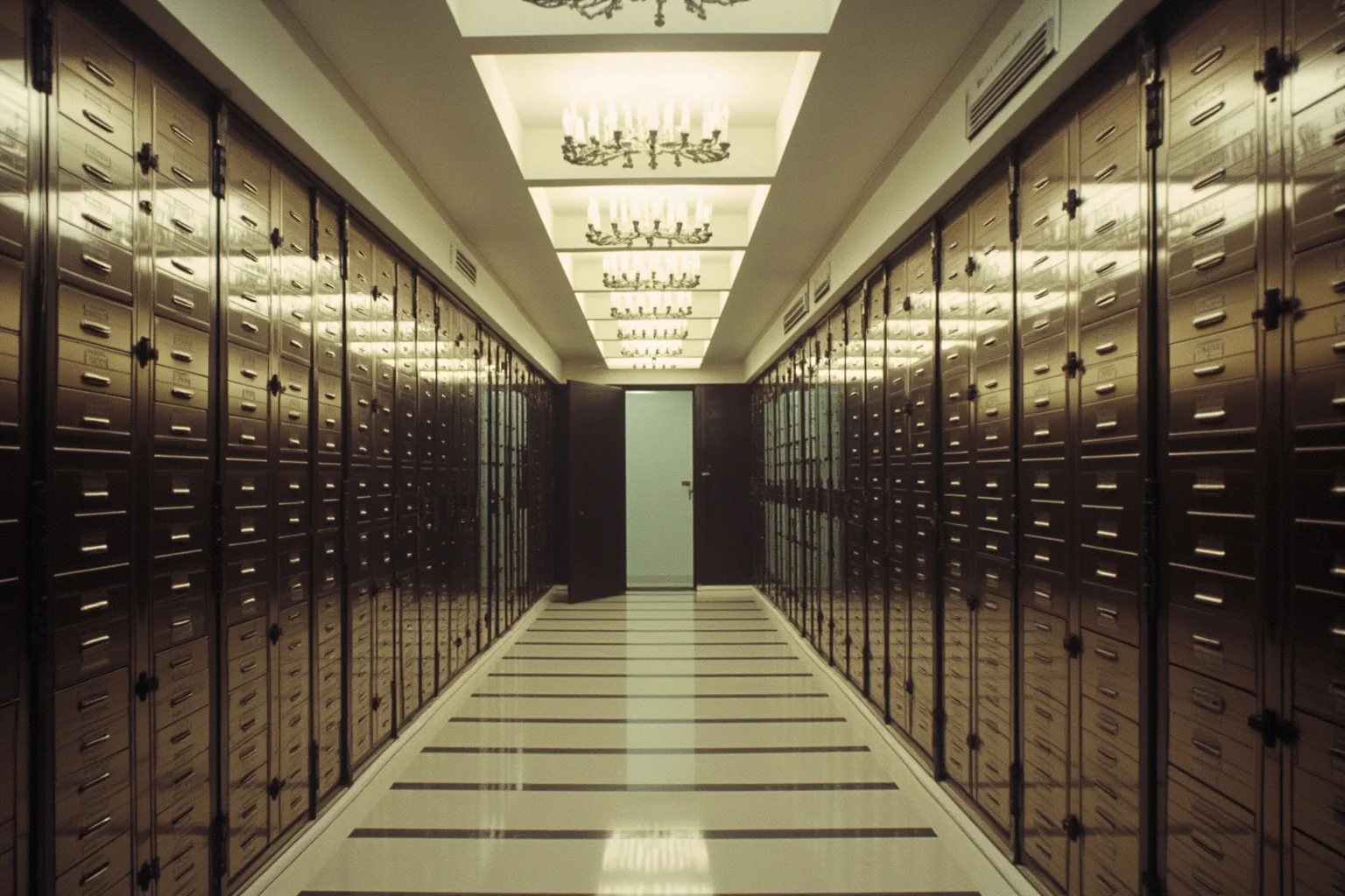 Knightsbridge luxury safe deposit room, ranks of polished steel boxes, a single open door, chandelier reflections, sleek 1980s aesthetic.