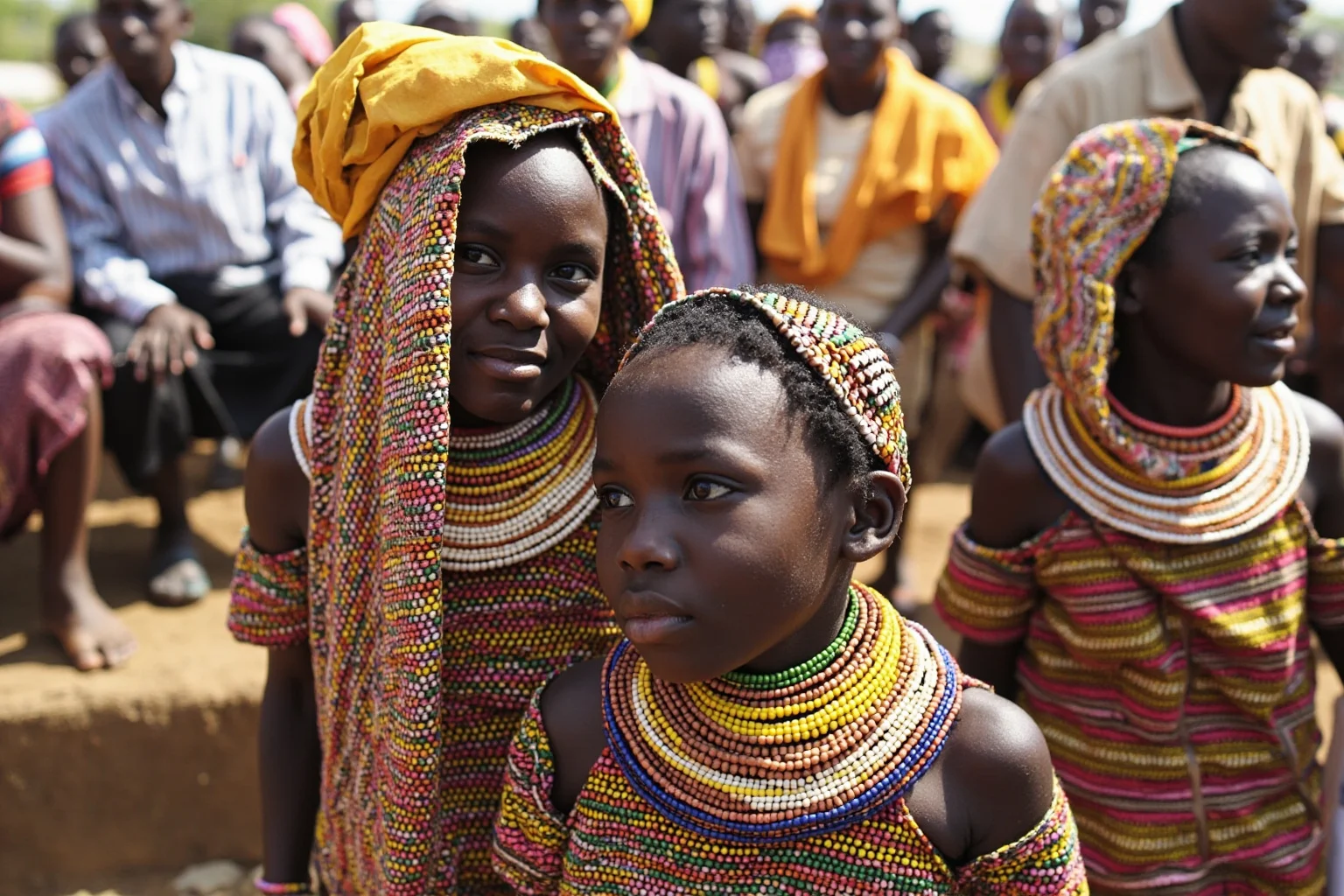 Krobo girls in layered glass beads and wrapped cloth gathered with elders in a Ghanaian village for the Dipo ceremony