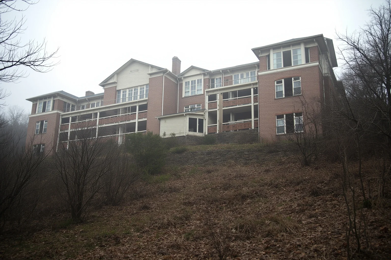 Large 1920s tuberculosis sanatorium on a hill with sun porches and brick wings, bare trees, mist, no people, photorealistic.
