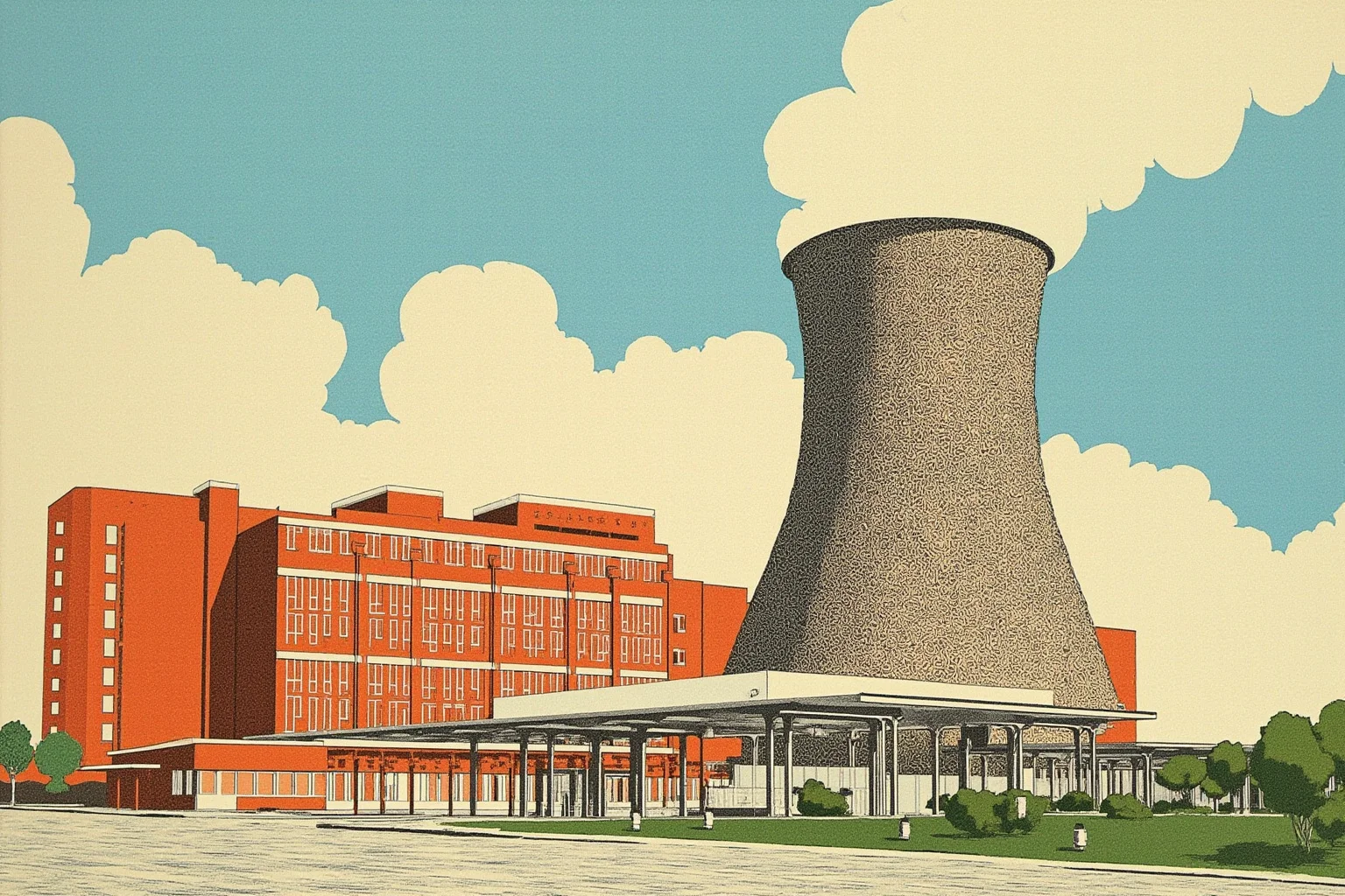 Large hotel building and rooftop cooling tower with steam rising, 1970s retro illustration style