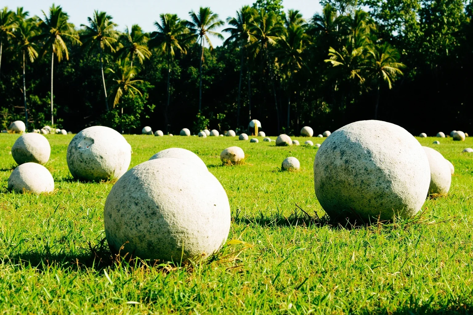 Large perfectly round stone spheres in a grassy field, some partially buried, with tropical forest in the background, sunny day.