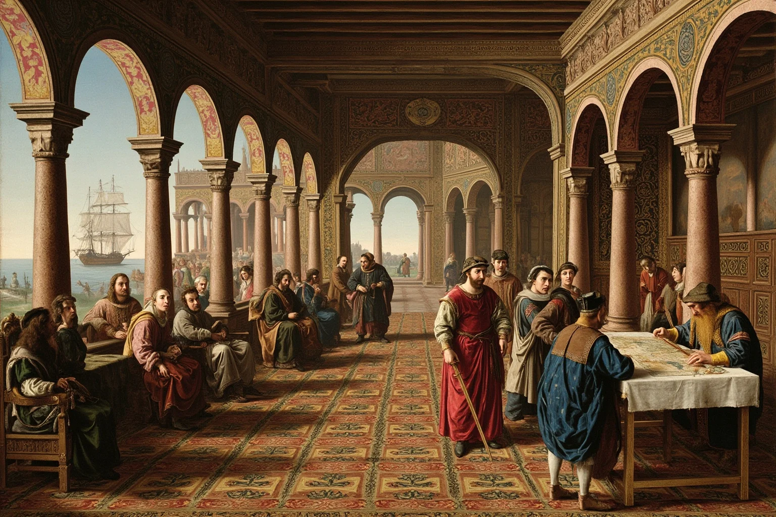 Late 15th-century Spanish royal court with an arched palace, a map of the world on the table and a caravel visible through the window, painterly style