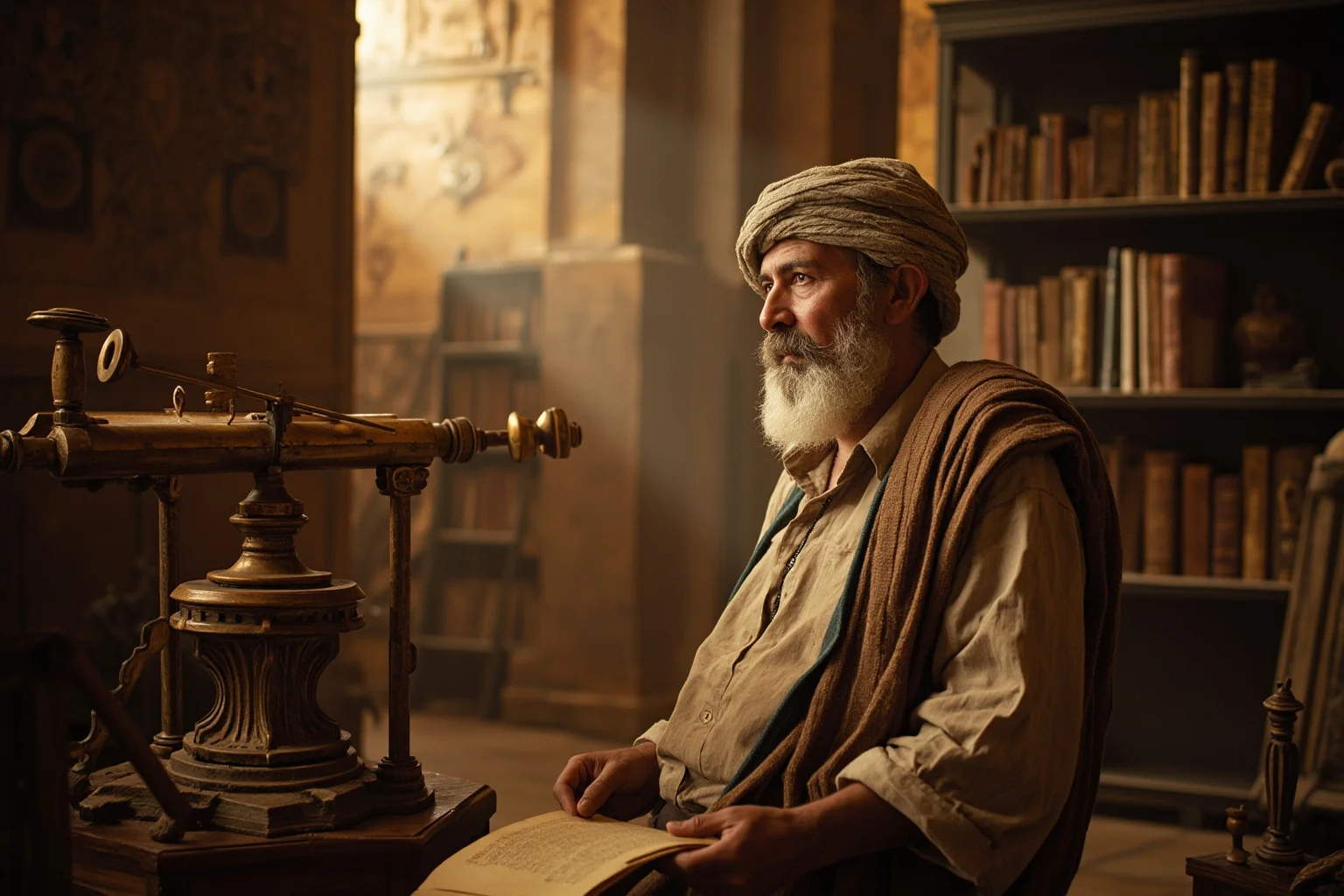 Late antique Alexandrian scholar surrounded by astronomical instruments and scrolls in a library courtyard, soft golden light