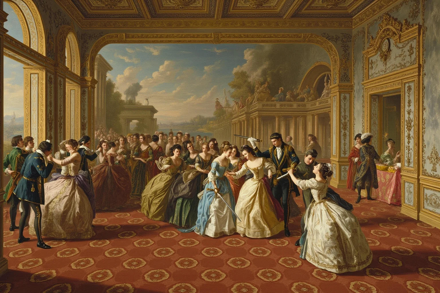 Lavish Palais-Royal-style ballroom with dancers in baroque finery and a figure in men's formal dress drawing a sword near the doorway, painterly illustration