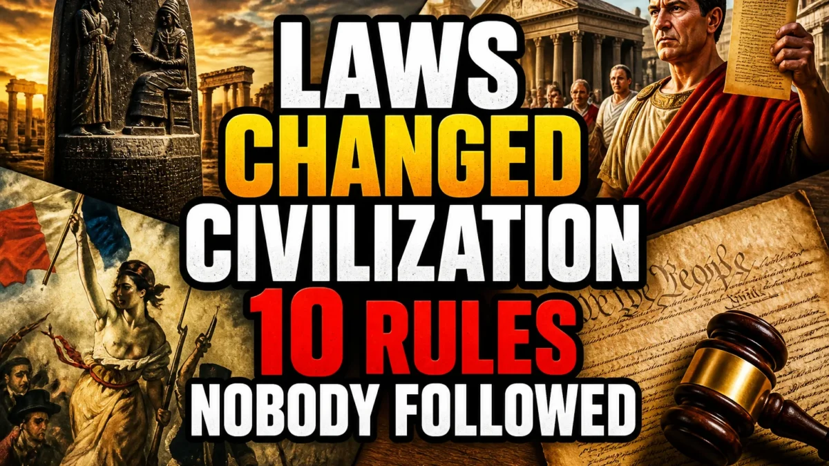 A bold, high-impact blog featured image in the style of a professional YouTube thumbnail or documentary poster. Create a dramatic photo-collage montage of 3-5 distinct historical scenes, subjects, or artifacts directly relevant to "Laws That Changed Civilization: 10 Rules Nobody Bothered to Follow" — vivid, cinematic documentary-photography style, rich color grading, high contrast, dynamic diagonal composition blending the scenes together. Overlay a large, bold, stacked headline of text on top reading exactly: "LAWS CHANGED CIVILIZATION 10 RULES NOBODY FOLLOWED". Render the headline in a heavy, condensed, high-contrast font with a black outline/stroke for legibility, mixing white text with a single vibrant accent color (gold, red, or orange) on the most important word or phrase for emphasis, spelled correctly. The headline text must be the dominant visual element — large, bold, and easy to read even at small thumbnail size. Vibrant, punchy, professional commercial photography and graphic-design composition. 16:9 landscape. Keep the headline text within the vertical center safe zone, away from the very top and bottom edges of the frame, since the image may be cropped afterward. No watermarks, no logos, no extra captions or invented text beyond the headline itself.