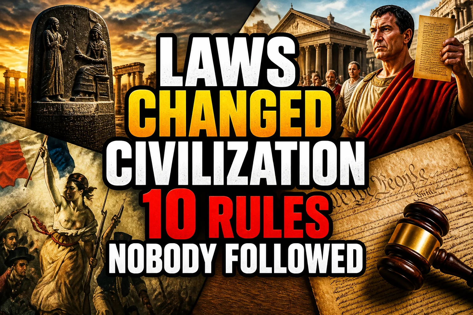 A bold, high-impact blog featured image in the style of a professional YouTube thumbnail or documentary poster. Create a dramatic photo-collage montage of 3-5 distinct historical scenes, subjects, or artifacts directly relevant to "Laws That Changed Civilization: 10 Rules Nobody Bothered to Follow" — vivid, cinematic documentary-photography style, rich color grading, high contrast, dynamic diagonal composition blending the scenes together. Overlay a large, bold, stacked headline of text on top reading exactly: "LAWS CHANGED CIVILIZATION 10 RULES NOBODY FOLLOWED". Render the headline in a heavy, condensed, high-contrast font with a black outline/stroke for legibility, mixing white text with a single vibrant accent color (gold, red, or orange) on the most important word or phrase for emphasis, spelled correctly. The headline text must be the dominant visual element — large, bold, and easy to read even at small thumbnail size. Vibrant, punchy, professional commercial photography and graphic-design composition. 16:9 landscape. Keep the headline text within the vertical center safe zone, away from the very top and bottom edges of the frame, since the image may be cropped afterward. No watermarks, no logos, no extra captions or invented text beyond the headline itself.