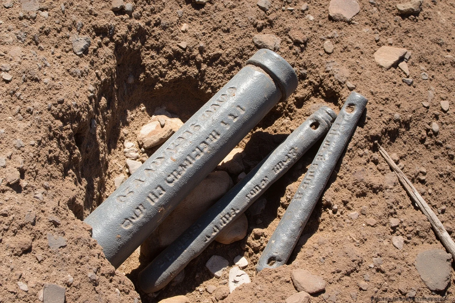 Lead objects with Latin inscriptions from Tucson, Arizona, desert excavation, 1920s style, photorealistic
