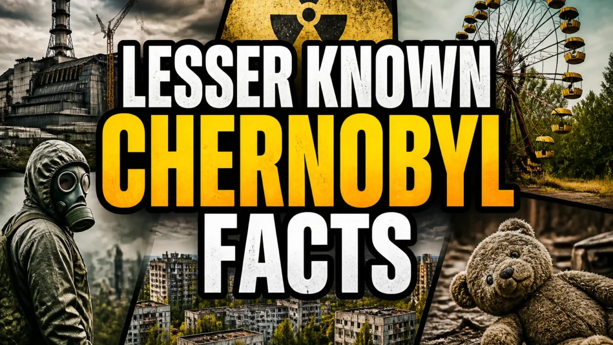 A bold, high-impact blog featured image in the style of a professional YouTube thumbnail or documentary poster. Create a dramatic photo-collage montage of 3-5 distinct historical scenes, subjects, or artifacts directly relevant to "Lesser-Known Facts You Didn't Know About Chernobyl" — vivid, cinematic documentary-photography style, rich color grading, high contrast, dynamic diagonal composition blending the scenes together. Overlay a large, bold, stacked headline of text on top reading exactly: "LESSER KNOWN CHERNOBYL FACTS". Render the headline in a heavy, condensed, high-contrast font with a black outline/stroke for legibility, mixing white text with a single vibrant accent color (gold, red, or orange) on the most important word or phrase for emphasis, spelled correctly. The headline text must be the dominant visual element — large, bold, and easy to read even at small thumbnail size. Vibrant, punchy, professional commercial photography and graphic-design composition. 16:9 landscape. Keep the headline text within the vertical center safe zone, away from the very top and bottom edges of the frame, since the image may be cropped afterward. No watermarks, no logos, no extra captions or invented text beyond the headline itself.
