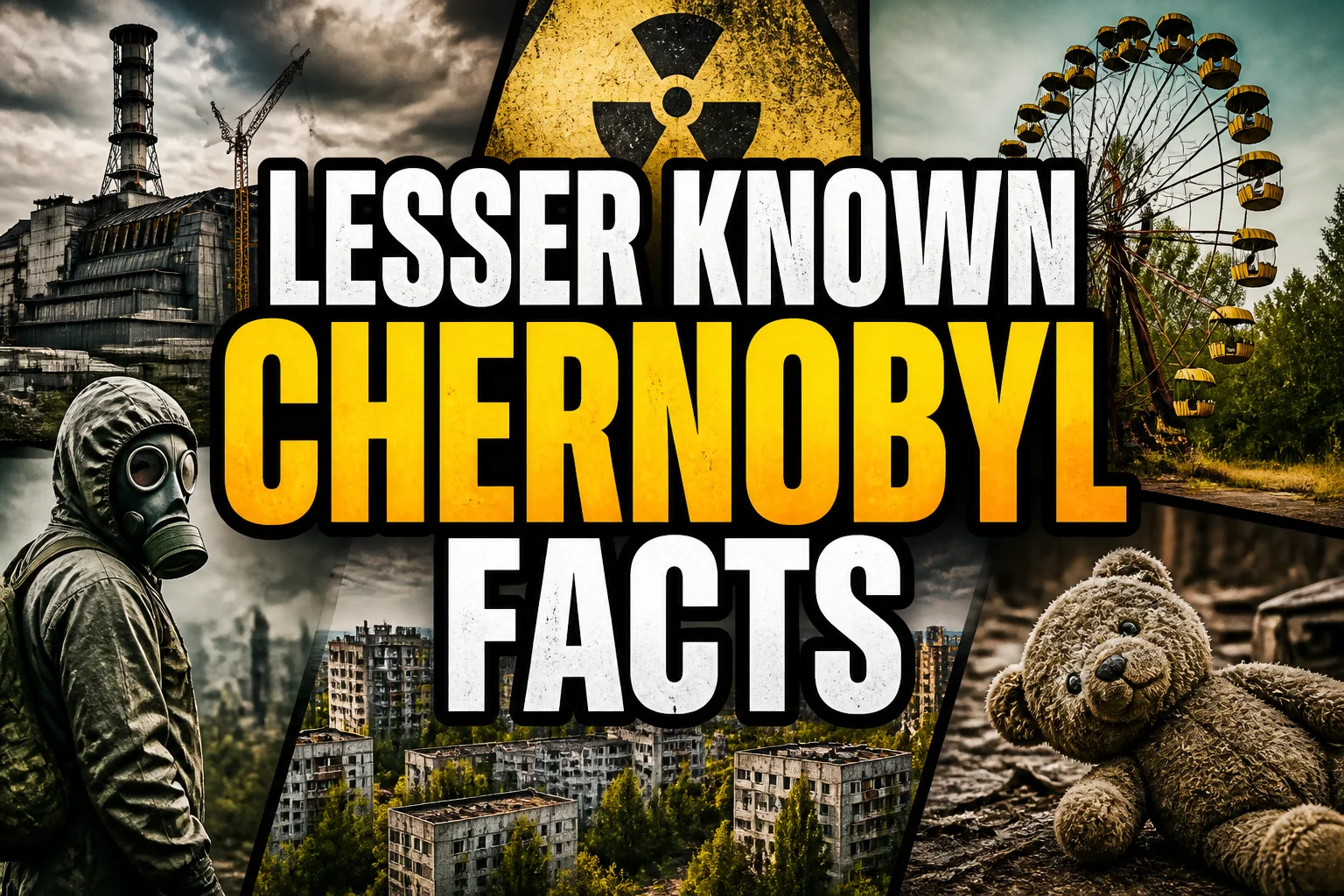 A bold, high-impact blog featured image in the style of a professional YouTube thumbnail or documentary poster. Create a dramatic photo-collage montage of 3-5 distinct historical scenes, subjects, or artifacts directly relevant to "Lesser-Known Facts You Didn't Know About Chernobyl" — vivid, cinematic documentary-photography style, rich color grading, high contrast, dynamic diagonal composition blending the scenes together. Overlay a large, bold, stacked headline of text on top reading exactly: "LESSER KNOWN CHERNOBYL FACTS". Render the headline in a heavy, condensed, high-contrast font with a black outline/stroke for legibility, mixing white text with a single vibrant accent color (gold, red, or orange) on the most important word or phrase for emphasis, spelled correctly. The headline text must be the dominant visual element — large, bold, and easy to read even at small thumbnail size. Vibrant, punchy, professional commercial photography and graphic-design composition. 16:9 landscape. Keep the headline text within the vertical center safe zone, away from the very top and bottom edges of the frame, since the image may be cropped afterward. No watermarks, no logos, no extra captions or invented text beyond the headline itself.