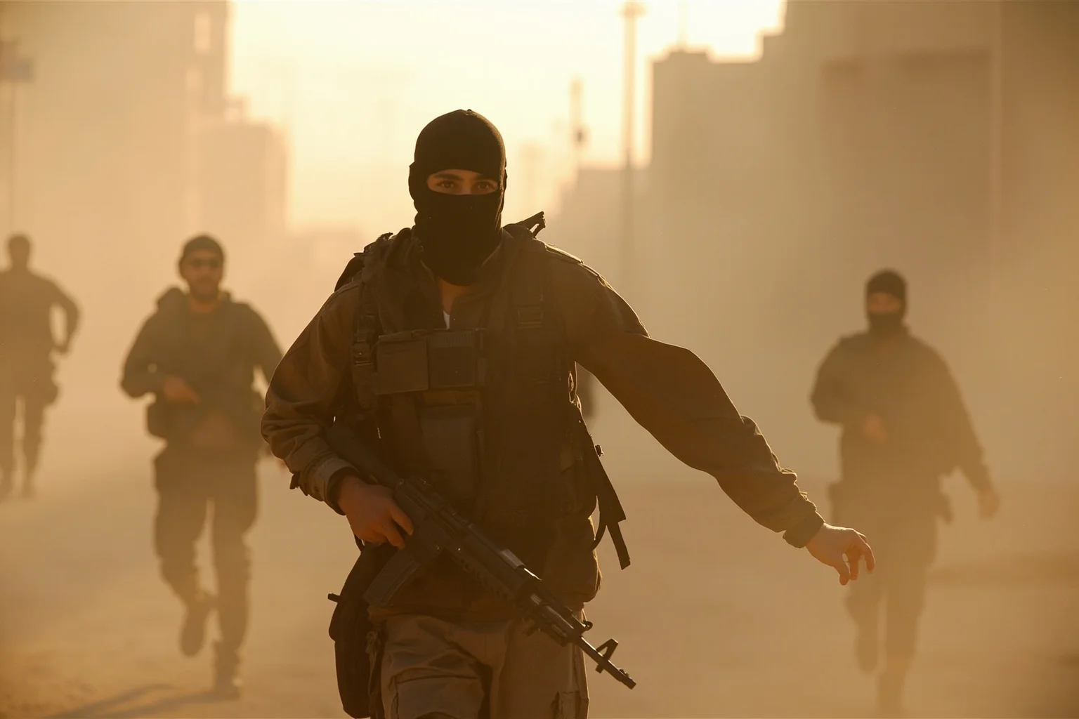 21 Times Governments Were Overthrown by the People 19 Libyan rebel fighters advancing through desert streets, 2011, dusty urban warfare scene, dramatic light, faces obscured.