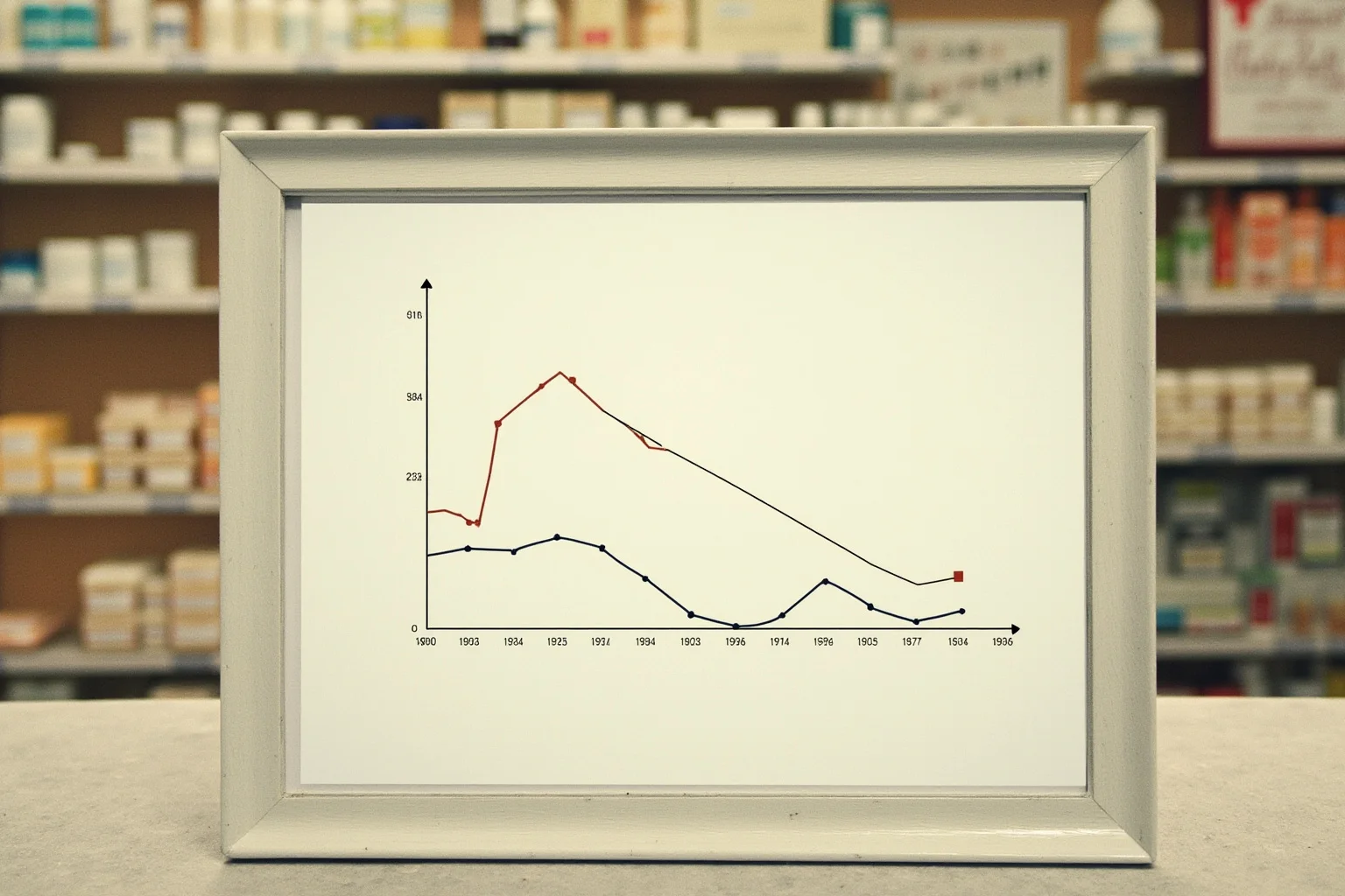 Line chart illustration of falling birth rates in the late 1950s and 1960s beside a vintage pharmacy shelf, subdued colors
