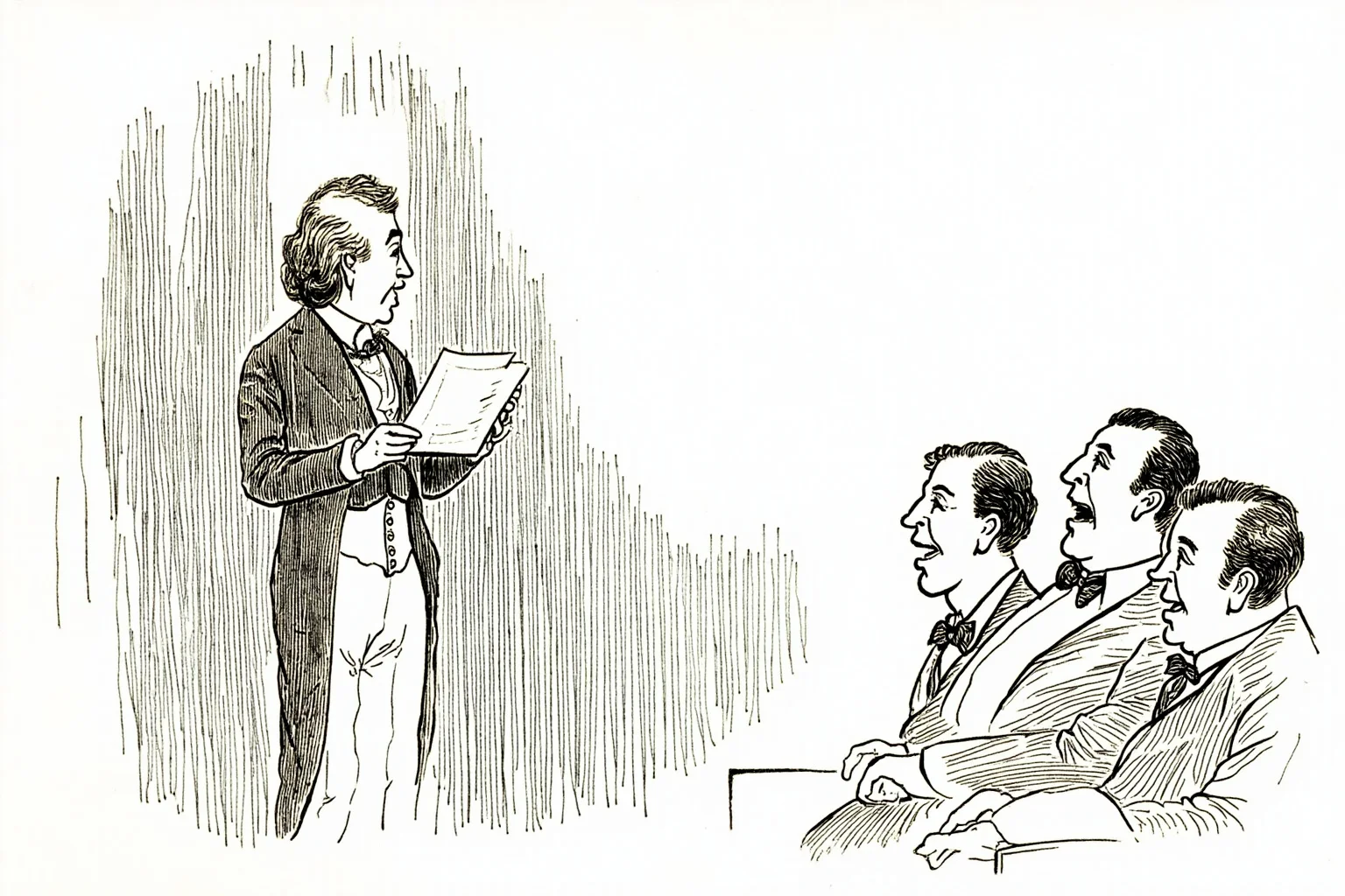 Charles Farrar Browne: America's First Stand-Up Comedian 5 Line drawing of a Victorian stage performer reading from a manuscript with a completely straight face while the audience laughs, deadpan expression, 1860s editorial cartoon style