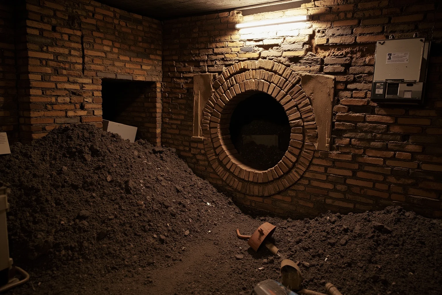 London basement vault with a circular hole cut through a thick brick wall, industrial drill and rubble, safe deposit boxes emptied, work lamp shadows.