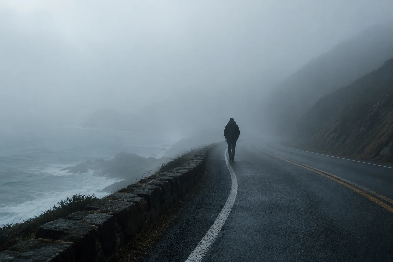 Lone figure walking into fog on a coastal road, anonymous and mysterious, symbolic of a successful disappearance
