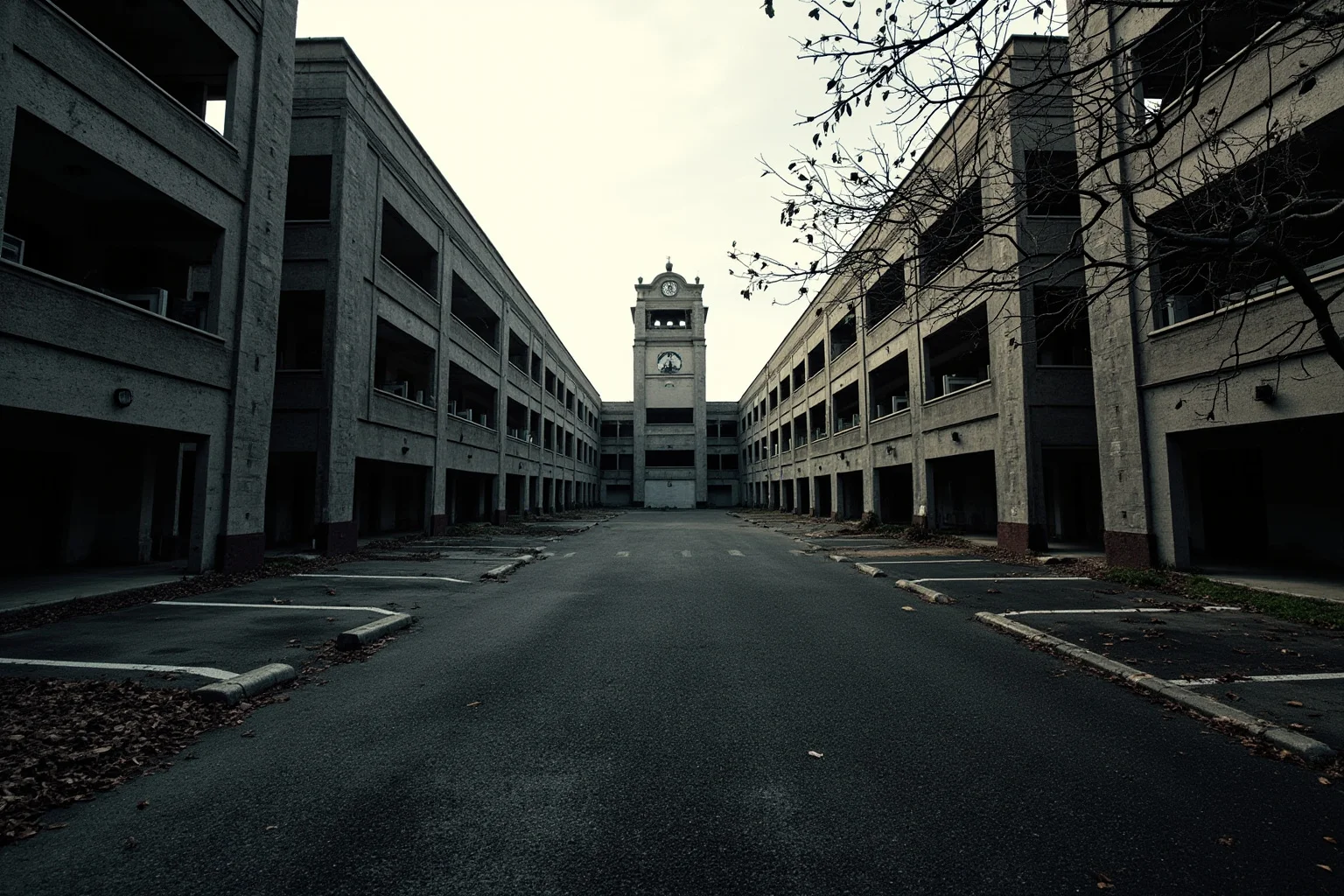 Long corridor-plan asylum with a central clock tower, empty car park, windswept leaves, no people, photorealistic.