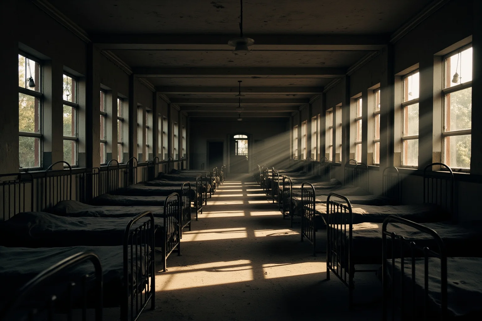 Long empty Victorian ward with rows of iron beds and tall barred windows, peeling paint, dust in shafts of light, no people, atmospheric photorealistic interior.
