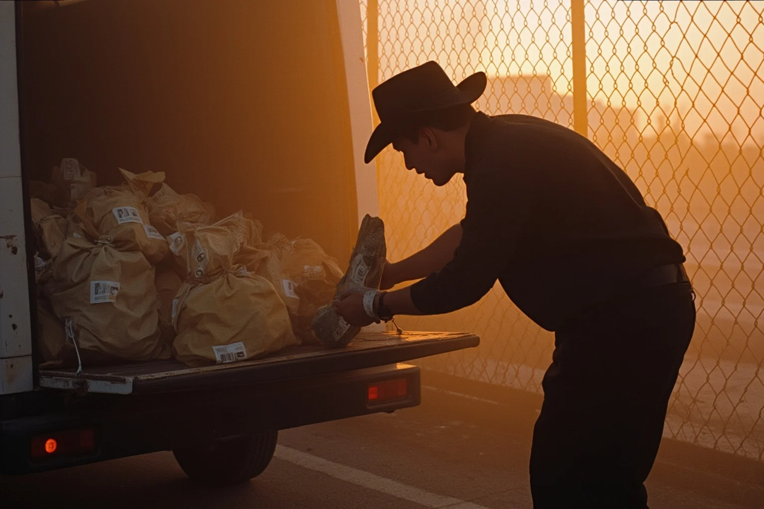 Los Angeles industrial depot at dawn, canvas bags of banknotes loaded into a van, chain-link fence, dusty orange light, 1990s crime-scene photography look.