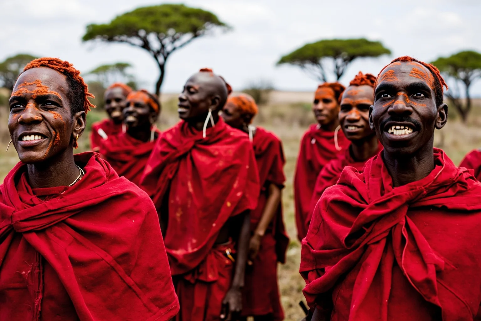 Maasai warriors in red shukas with ochre-styled hair gathered in a savanna ceremony with acacia trees in the background