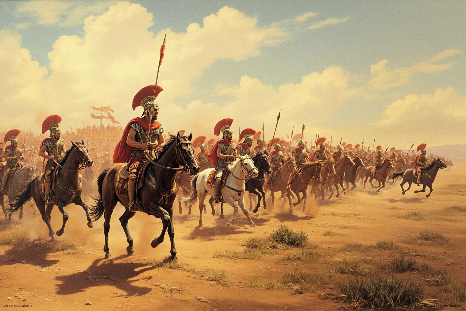 25 Epic Battles of History: The Greatest Clashes That Shaped Our World 7 Macedonian cavalry and phalanx advancing across an open plain against Persian forces at the Battle of Gaugamela, dust clouds, historical illustration