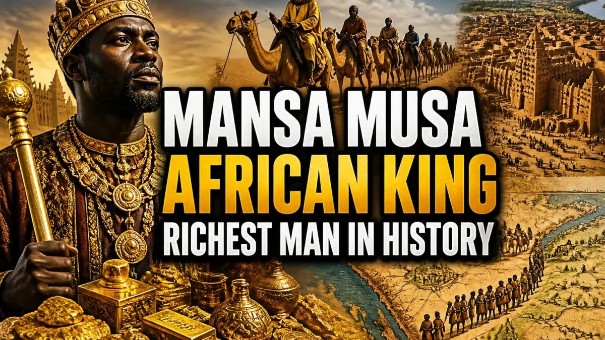 A bold, high-impact blog featured image in the style of a professional YouTube thumbnail or documentary poster. Create a dramatic photo-collage montage of 3-5 distinct historical scenes, subjects, or artifacts directly relevant to "Mansa Musa: The African King Who Became the Richest Man in History" — vivid, cinematic documentary-photography style, rich color grading, high contrast, dynamic diagonal composition blending the scenes together. Overlay a large, bold, stacked headline of text on top reading exactly: "MANSA MUSA AFRICAN KING RICHEST MAN IN HISTORY". Render the headline in a heavy, condensed, high-contrast font with a black outline/stroke for legibility, mixing white text with a single vibrant accent color (gold, red, or orange) on the most important word or phrase for emphasis, spelled correctly. The headline text must be the dominant visual element — large, bold, and easy to read even at small thumbnail size. Vibrant, punchy, professional commercial photography and graphic-design composition. 16:9 landscape. Keep the headline text within the vertical center safe zone, away from the very top and bottom edges of the frame, since the image may be cropped afterward. No watermarks, no logos, no extra captions or invented text beyond the headline itself.