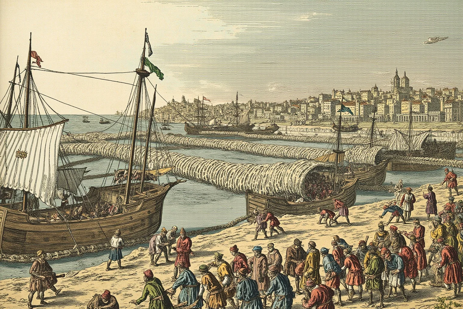 Military Tactics That Seemed Brilliant: 20 That Were Pure Desperation 7 Massive chain stretched across a harbor entrance with Ottoman ships being dragged overland on wooden logs, 1453 Constantinople, detailed historical illustration