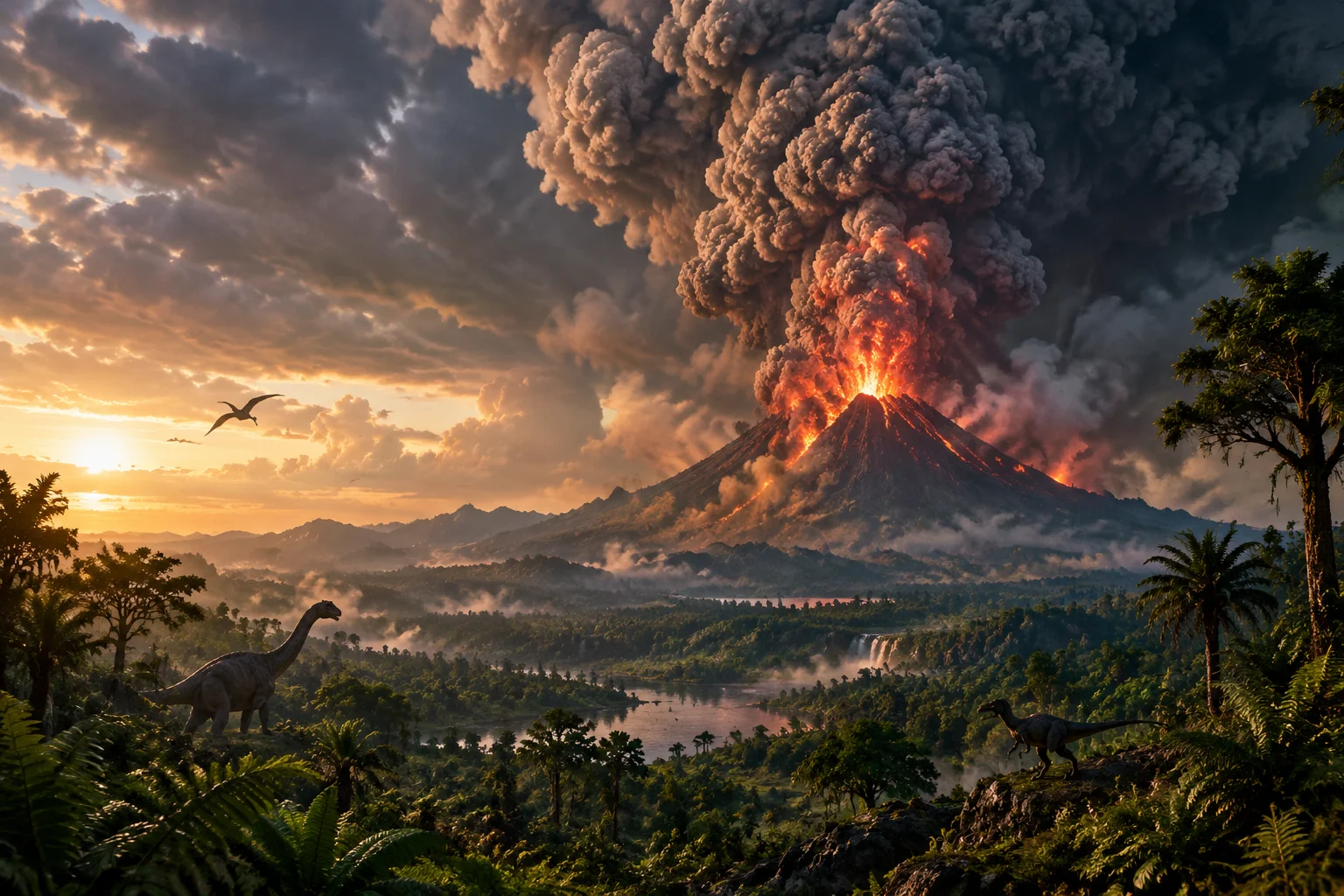 Massive volcanic eruption viewed from a distance, ash cloud towering over a prehistoric jungle landscape, dramatic sky