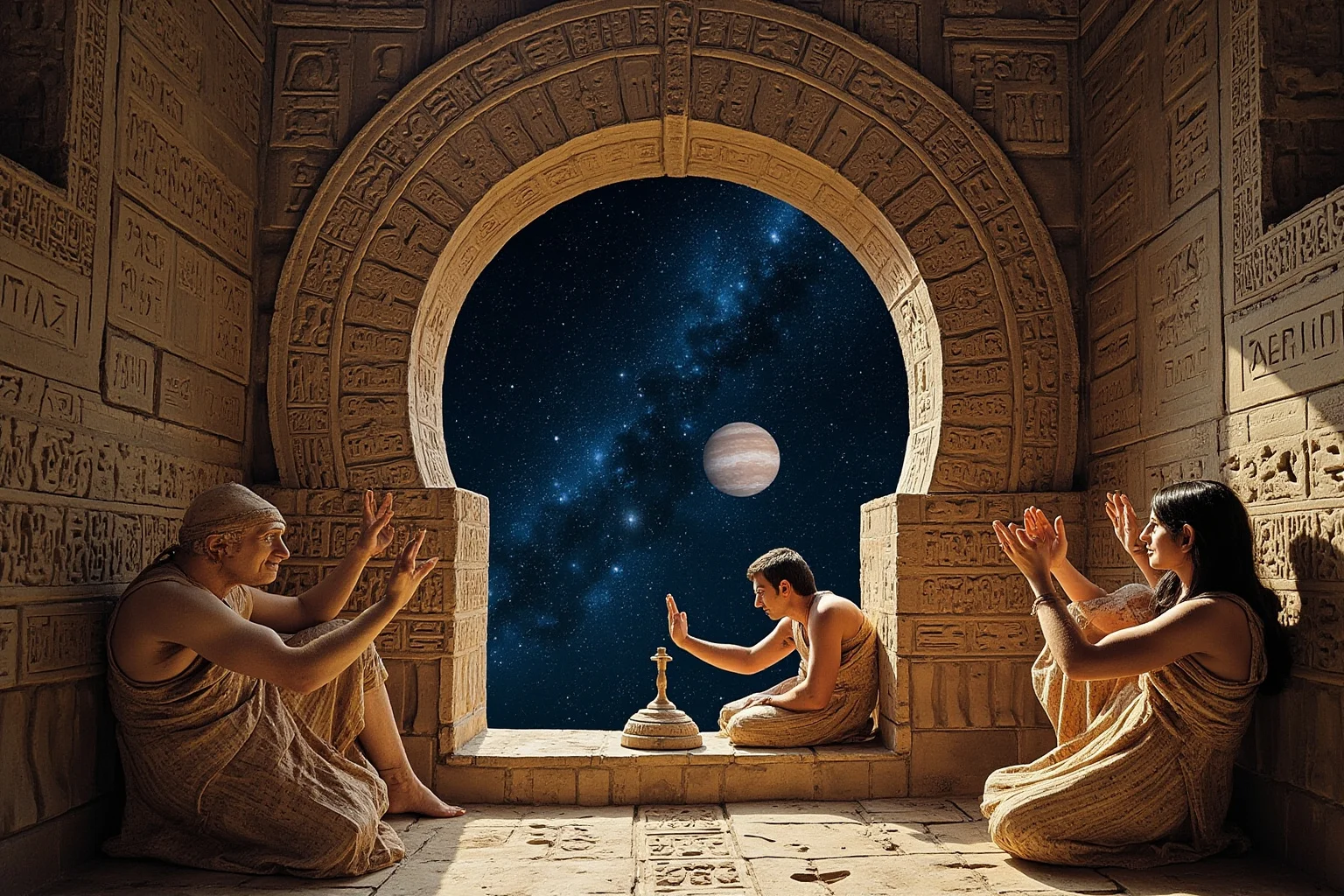 Maya astronomer-priests observing Venus and the Milky Way from a stone temple, world tree and calendar glyphs, Mesoamerican codex style, no text.