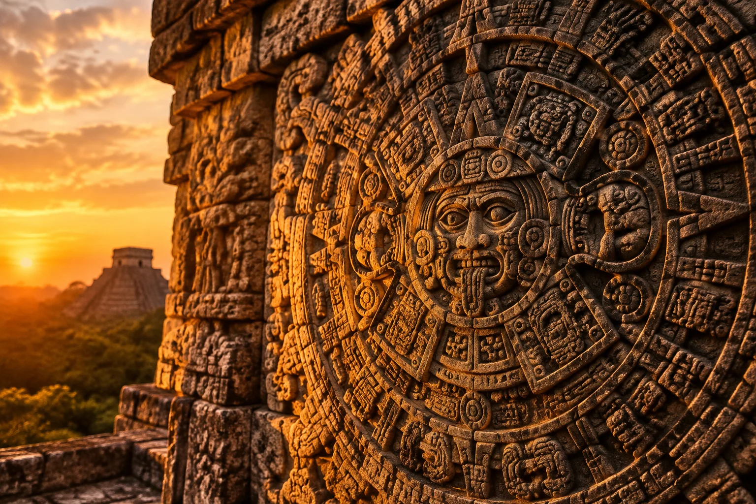 Mayan stone calendar carving close-up on a temple wall, sunset light, no modern prophecy elements