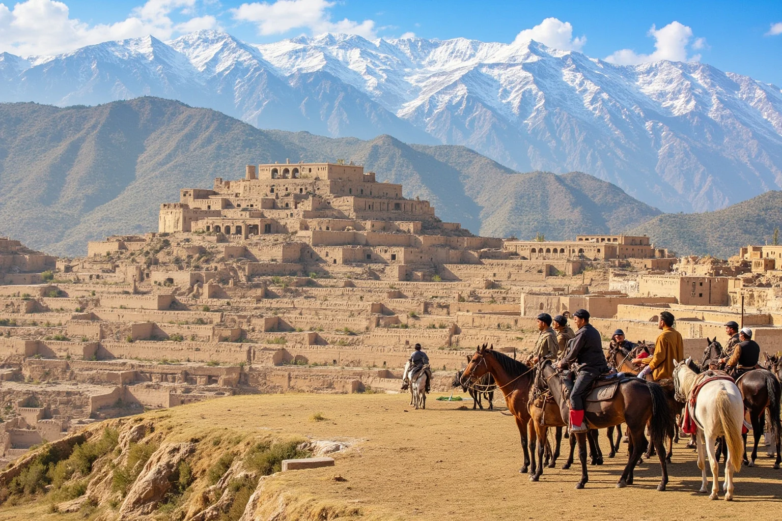 The Fertile Crescent: 20 Ancient Civilizations That Started Society As We Know It 18 Median capital Ecbatana with terraced palaces and Iranian horsemen, snow-capped mountains behind.