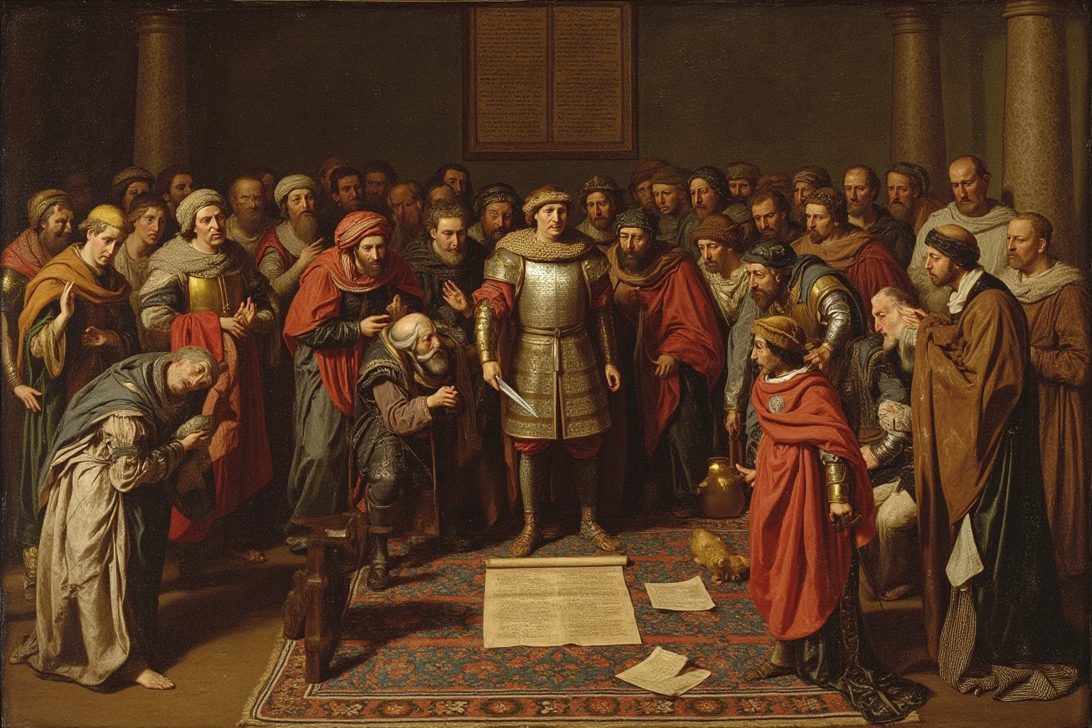 Medieval English barons confronting King John at Runnymede, Magna Carta being sealed, dramatic painting