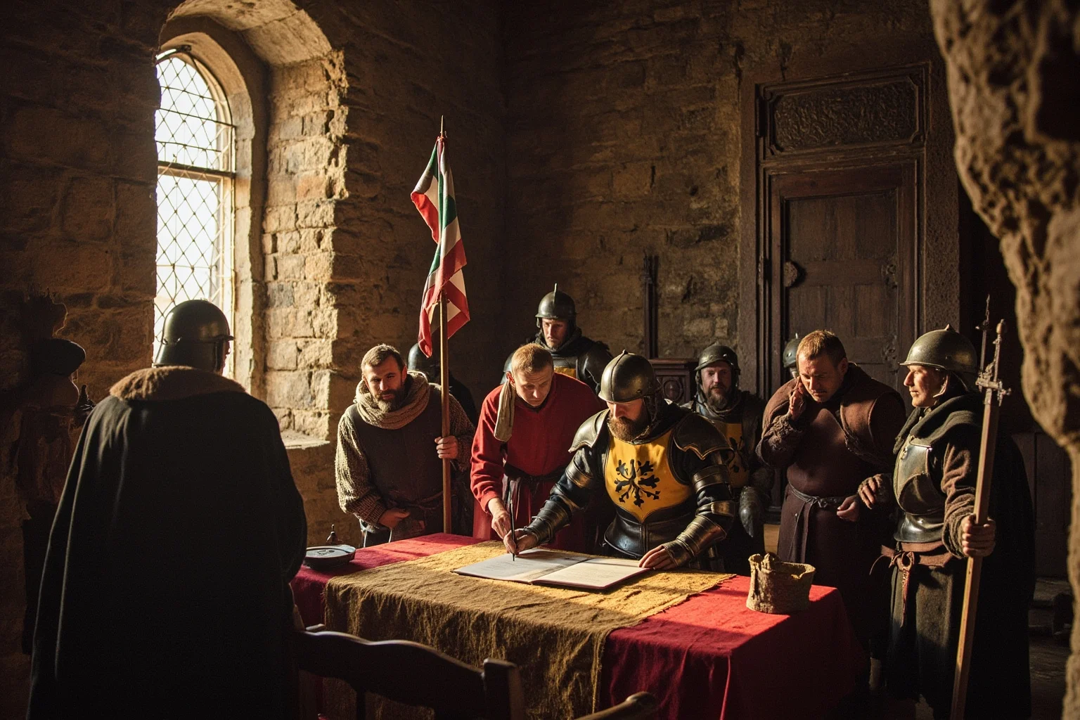 Medieval English castle with Plantagenet-era Magna Carta signing scene and knights in armor