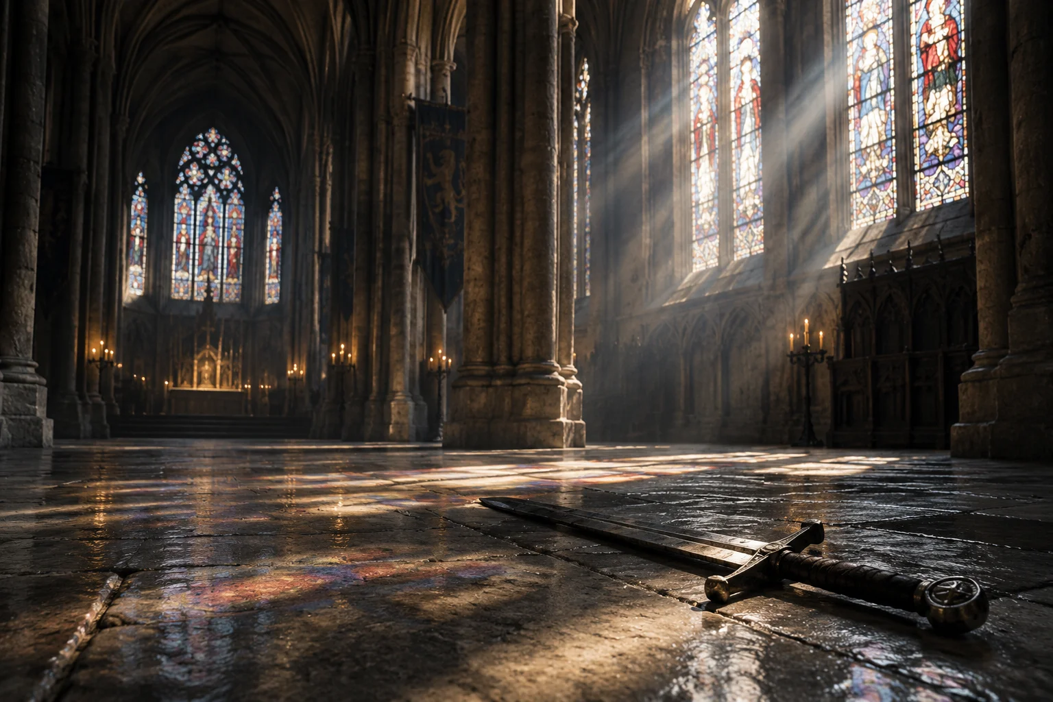 Medieval English cathedral interior with a stone floor and a fallen sword, shafts of light through stained glass, somber mood, no people