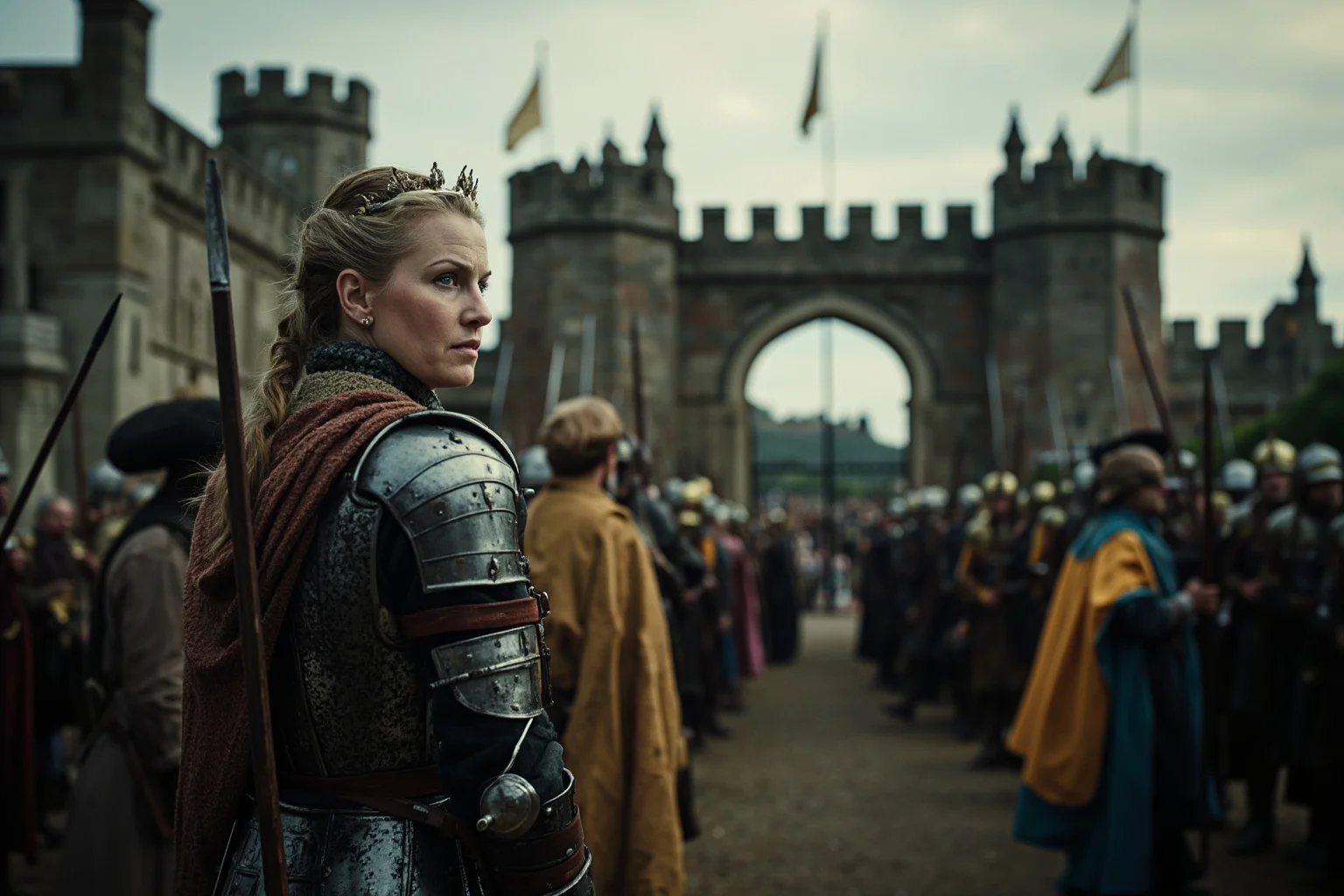 Medieval English queen in armor reviewing troops outside a castle gate, banners flying, overcast sky