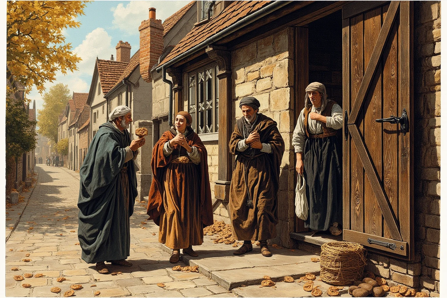 Medieval English village street with a poor family receiving small spiced soul cakes at a wooden door, autumn afternoon, detailed historical illustration, no text