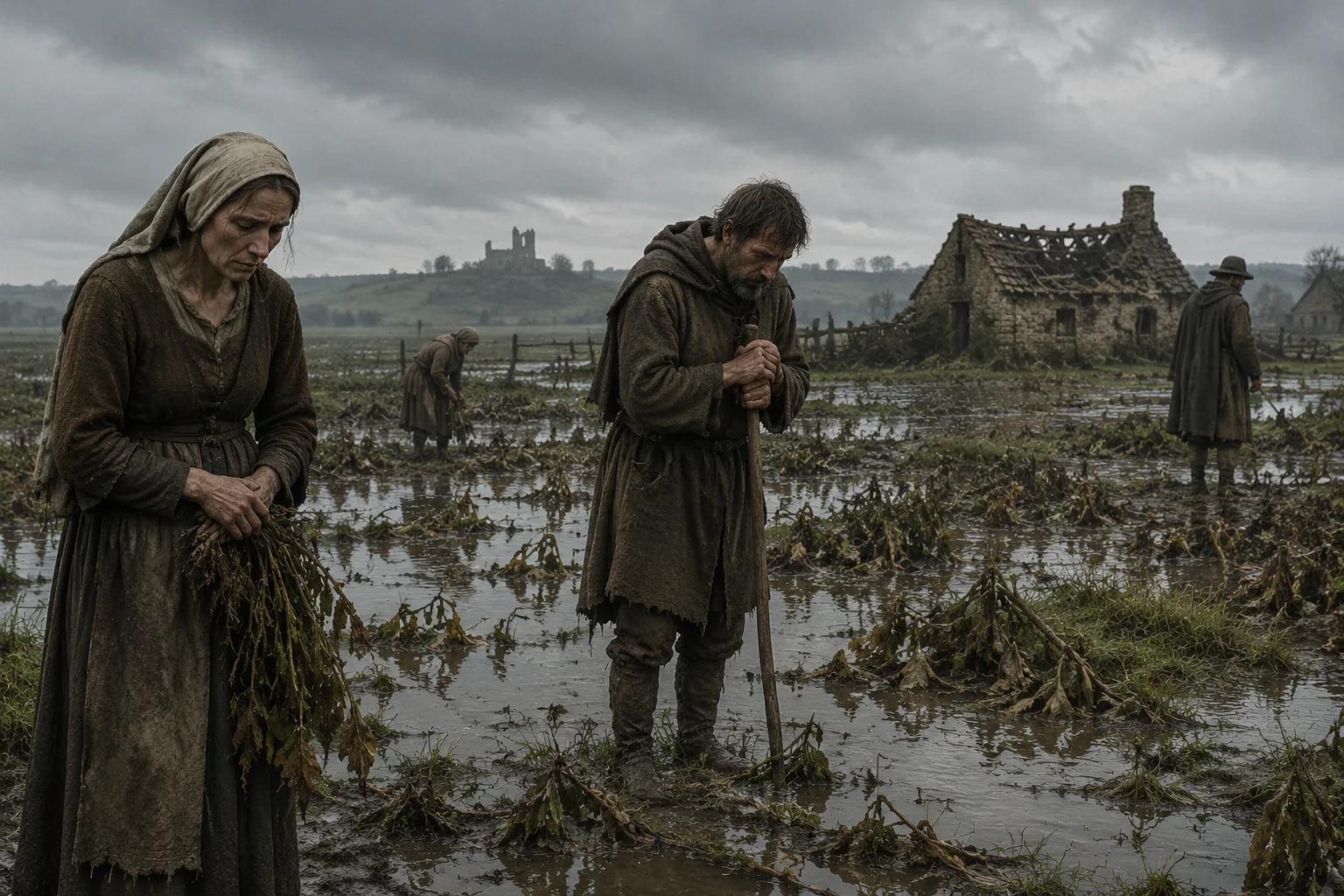 The Single Worst Time Period in Human History? What the Evidence Actually Shows 7 Medieval European farmers standing in a flooded, ruined field under gray skies during the Great Famine of 1315, muted greens and browns.