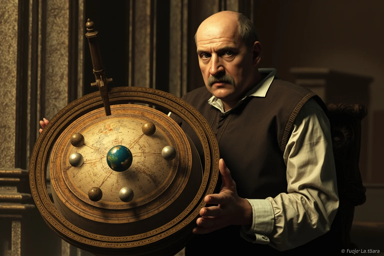 Medieval European scholar holding a globe with nested celestial spheres, round Earth at center, cathedral-like study, no recognizable face.