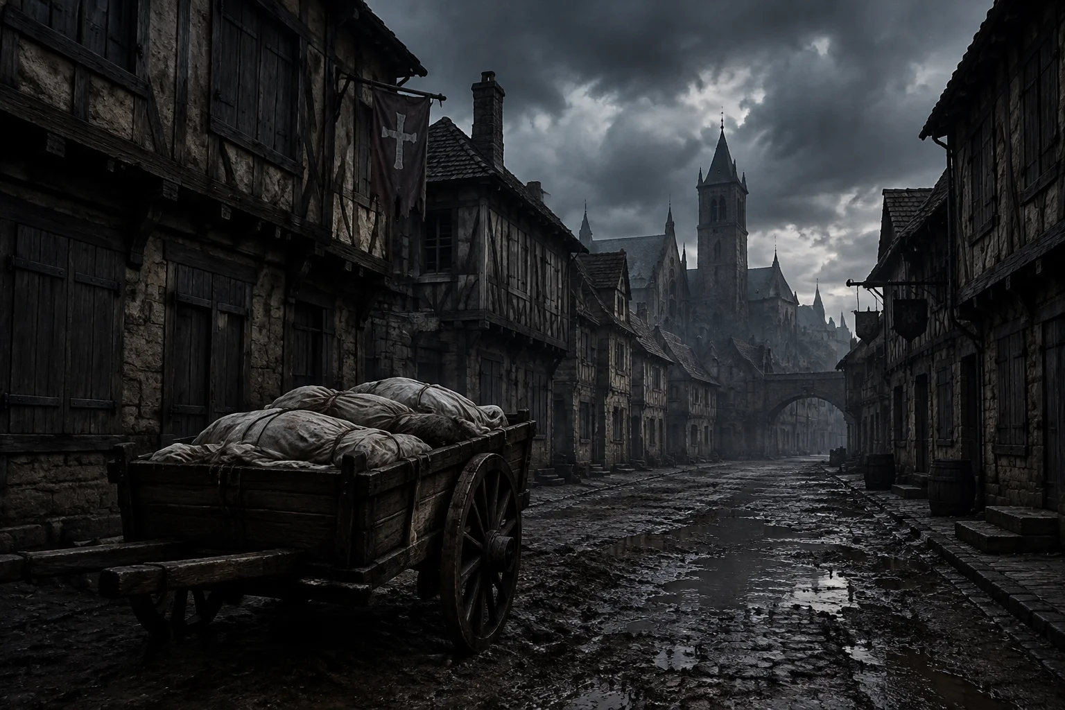 The Single Worst Time Period in Human History? What the Evidence Actually Shows 8 Medieval European town during the Black Death, empty streets with shuttered windows and a cart of shrouded bodies, dark somber tones.