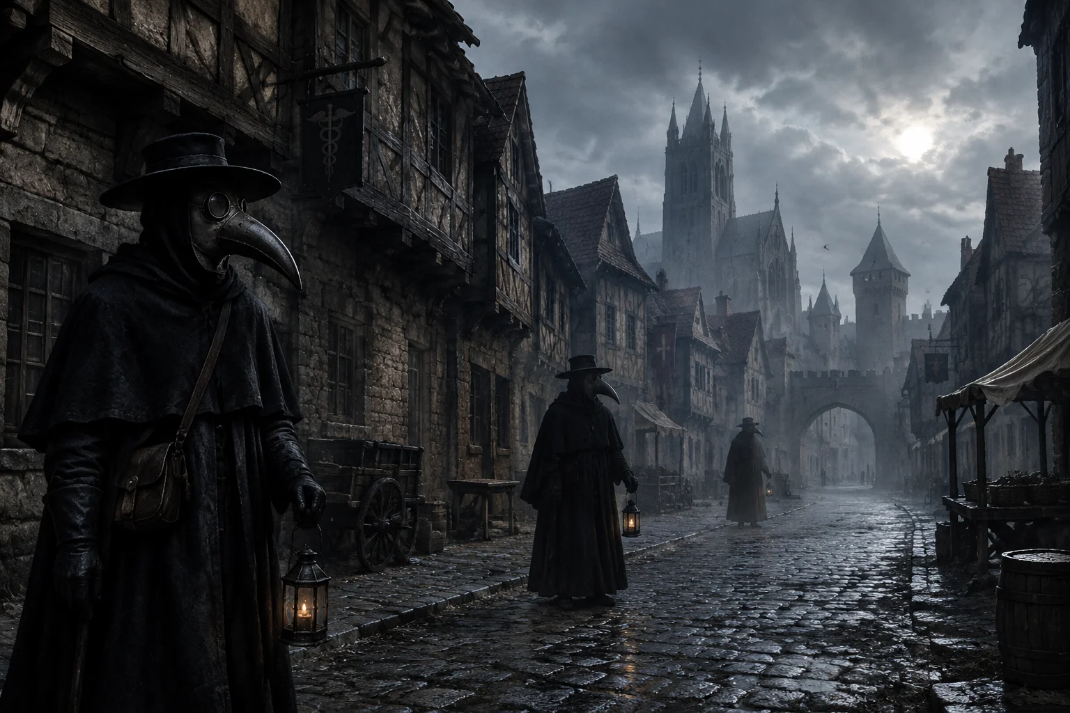 Medieval European town with plague doctors in beaked masks, empty cobblestone streets, somber mood