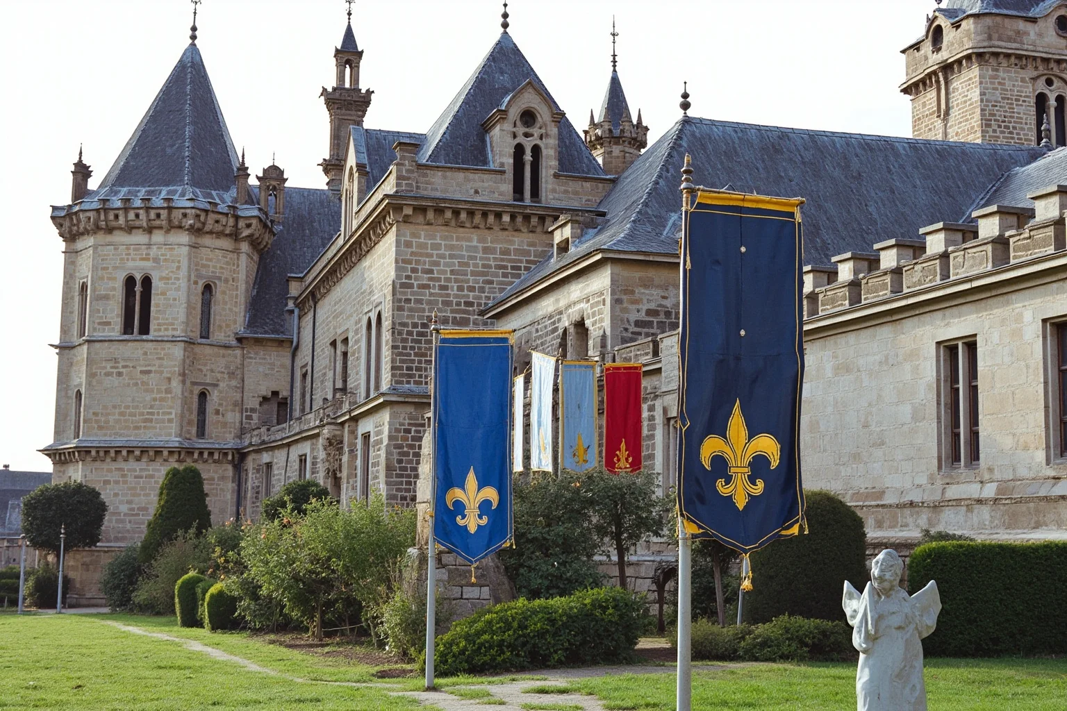 Medieval French royal palace with Capetian-era Gothic architecture and royal fleur-de-lis banners