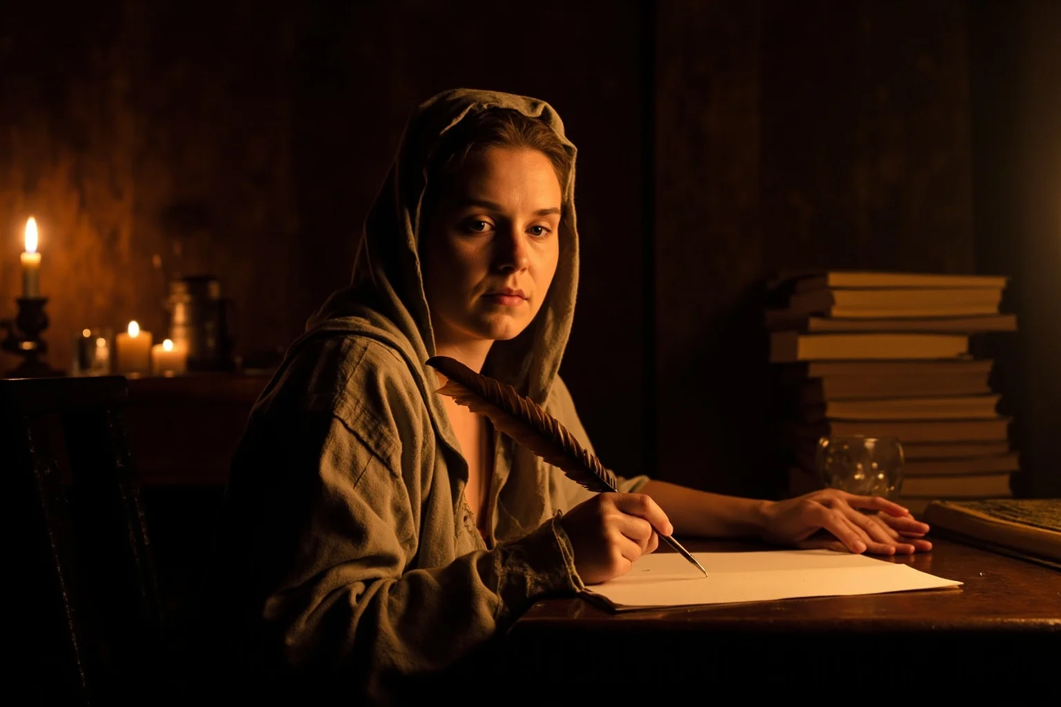 Medieval French woman writer at a wooden desk in a candlelit study, quill in hand, manuscripts stacked beside her