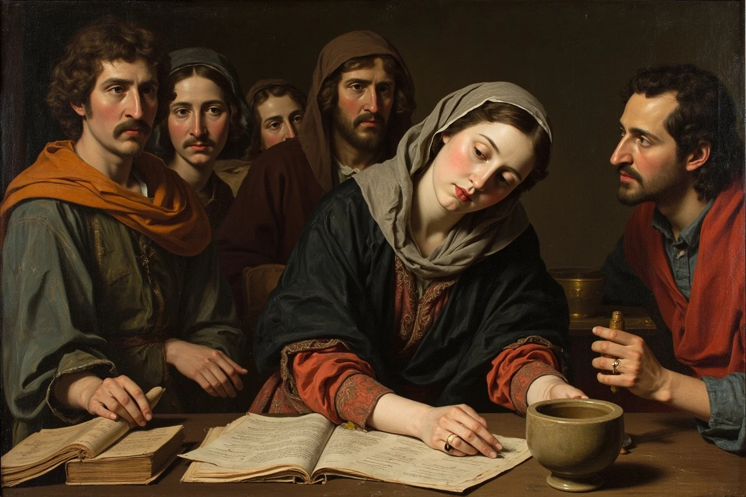 Medieval Italian woman physician teaching students at a Salerno medical school, herbal manuscripts and mortar on the table