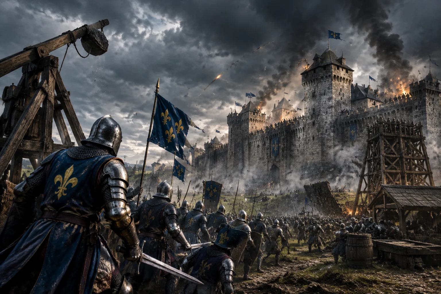 The Single Worst Time Period in Human History? What the Evidence Actually Shows 9 Medieval knights in armor before a besieged French castle during the Hundred Years' War, siege engines and smoke, stormy sky.