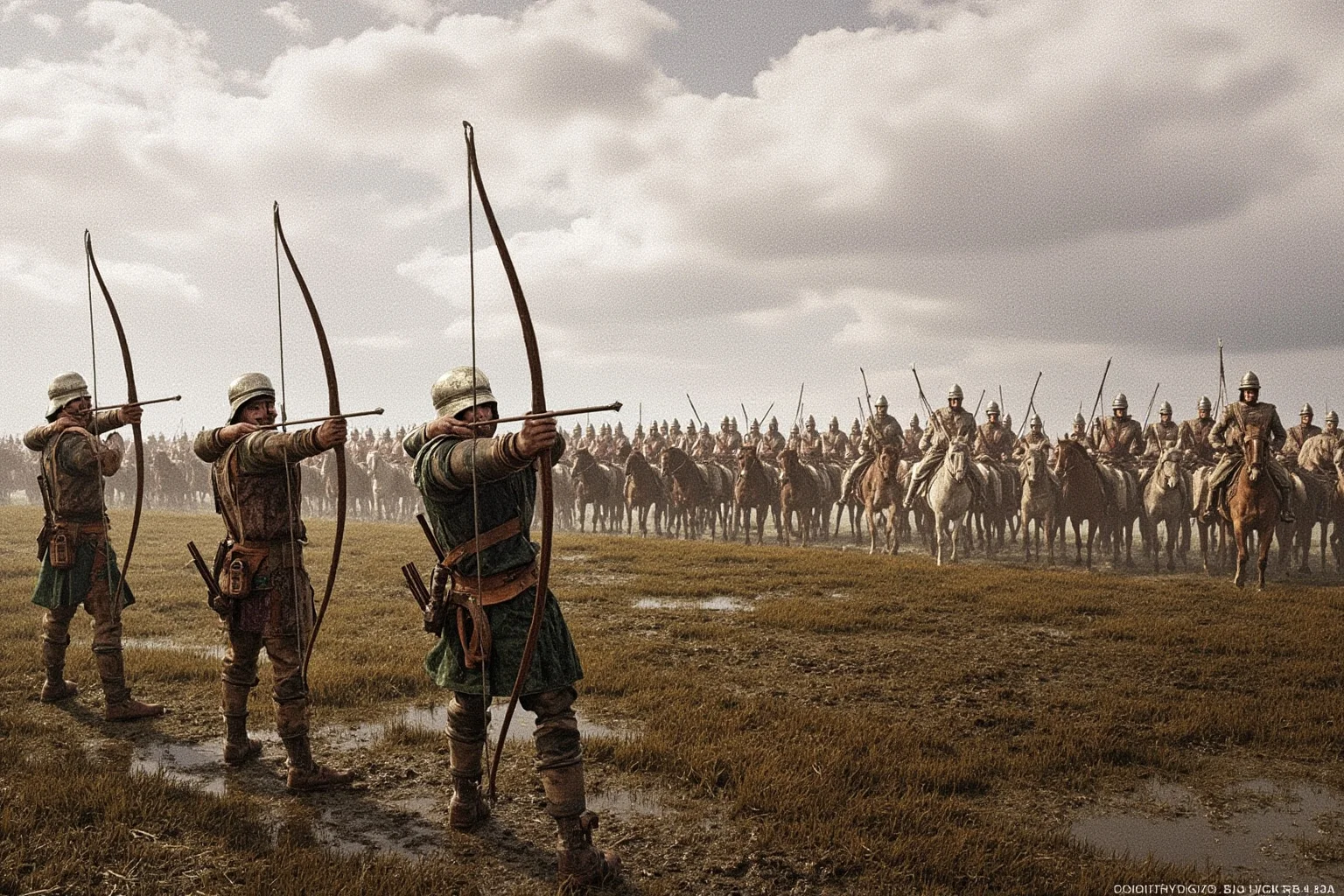 The Greatest Underdog Stories in History: 20 Unlikely Wins That Still Inspire 4 Medieval longbow archers on a muddy field facing a larger mounted army in the distance, cloudy sky, historical illustration.