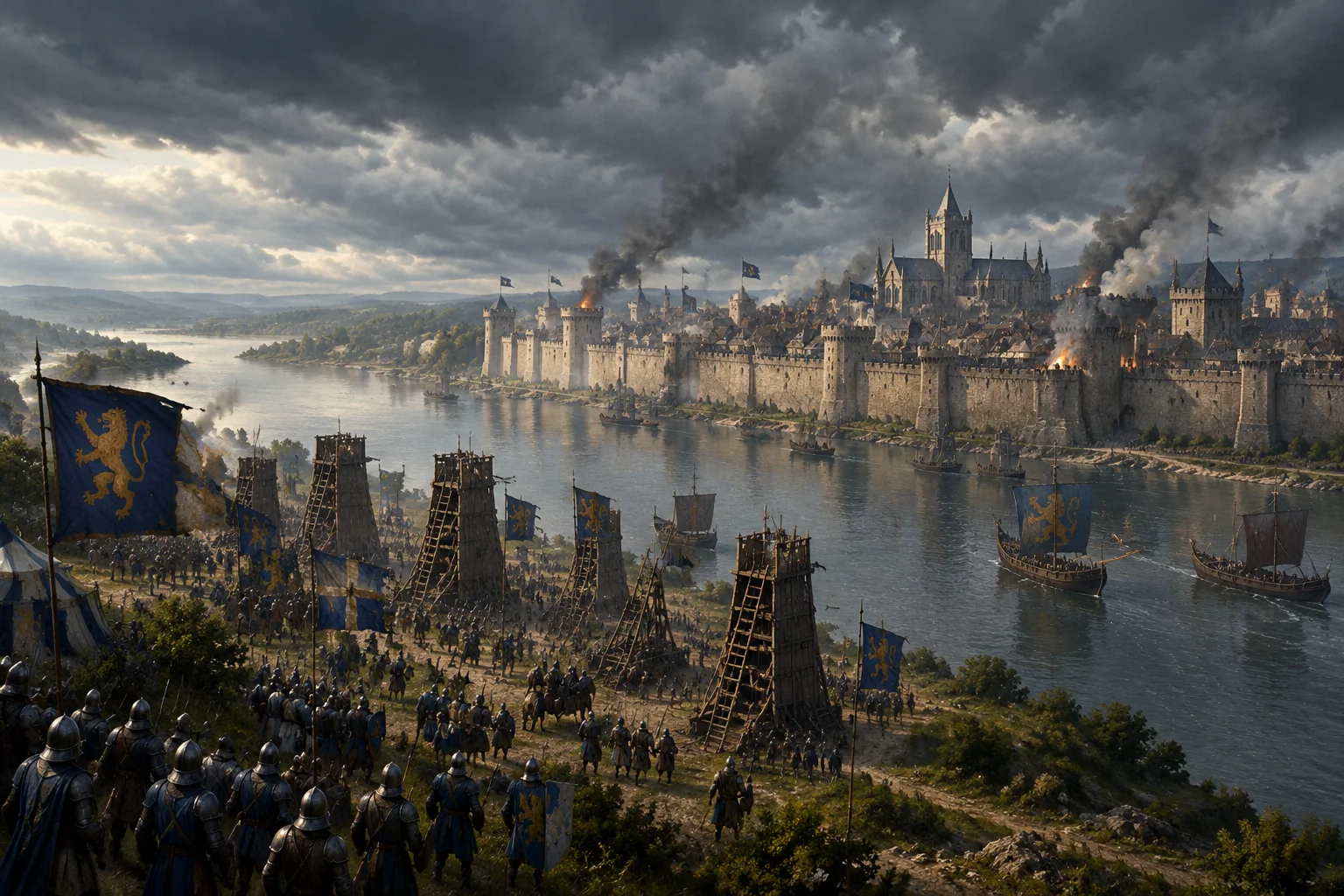 Joan of Arc: The Teenager Who Turned the Tide of a Century-Long War 2 Medieval siege scene outside a walled city on a great river, soldiers in plate and mail armor, siege ladders and banners, dramatic overcast sky, viewed from a distance so no individual faces are recognizable, historical illustration style.