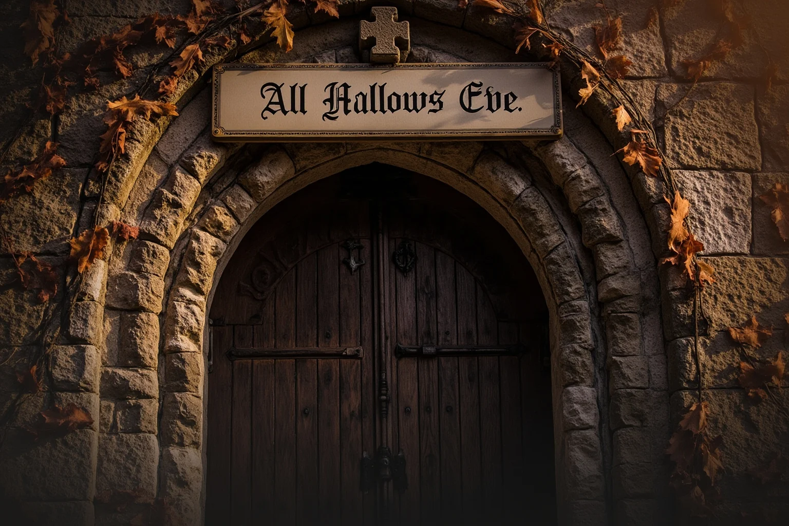Medieval stone church doorway with autumn leaves and a banner reading All Hallows Eve implied by carved stone cross, soft morning light, historical illustration, no text