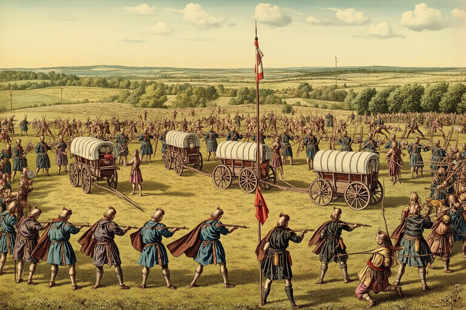 Medieval war wagons arranged in a defensive circle with crossbowmen, Bohemian countryside, historical illustration