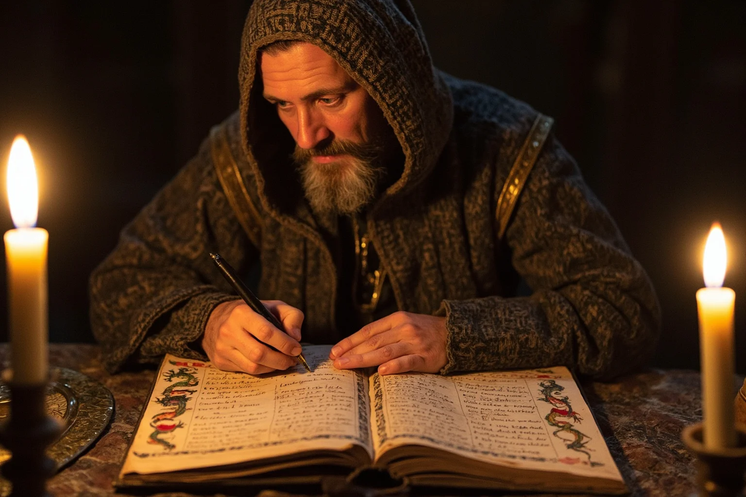 Medieval Welsh scribe writing a chronicle of Merlin's prophecies by candlelight, dragons and banners in the margins