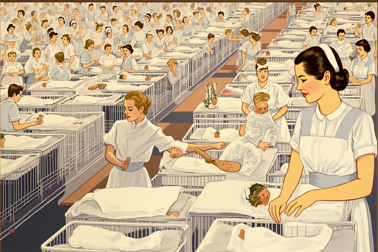 Mid-1940s illustration of a crowded maternity ward with nurses and rows of bassinets, soft retro palette